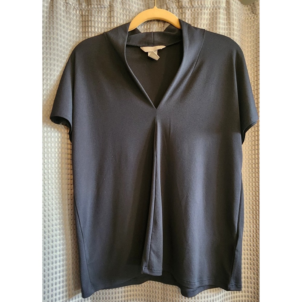H&M Womens Black Draped V-Neck Blouse Short Sleeve Professional Blouse (Medium)